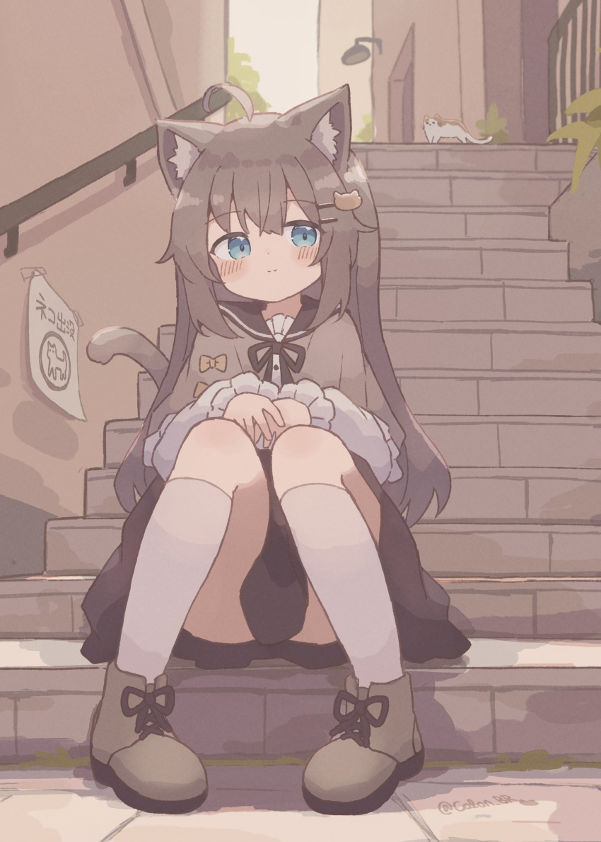 1girl :3 absurdres ahoge alley animal animal_ears ankle_boots aqua_eyes artist_name biachan boots brown_capelet brown_footwear brown_hair brown_skirt capelet cat cat_ears cat_girl cat_hair_ornament cat_tail colon_br full_body hair_ornament hairclip highres kneehighs light_smile original sitting sitting_on_stairs skirt socks stairs tail white_socks