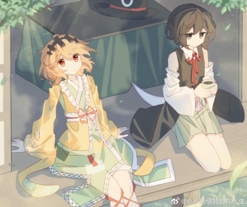 2others :o androgynous armpit_cutout bare_legs bare_shoulders black_coat black_eyes black_hair black_hairband black_headwear chinese_commentary clothing_cutout coat collared_shirt commentary_request detached_sleeves enraku_tsubakura eye_of_horus falling_leaves feet_out_of_frame flower_knot grass green_hakama green_kimono green_skirt hairband hakama hakama_short_skirt hakama_skirt hat highres jacket japanese_clothes jian_xing_zao kimono kneeling kotatsu leaf leg_ribbon len'en long_sleeves looking_ahead multiple_others neck_ribbon orange_hair other_focus outdoors parted_lips red_eyes red_ribbon ribbon ribbon-trimmed_coat ribbon_trim shirt short_hair short_kimono skirt sleeveless sleeveless_coat sleeveless_shirt sleeves_past_wrists table top_hat tree unworn_hat unworn_headwear veranda white_shirt white_sleeves wide_sleeves yellow_jacket yellow_sleeves zuifeng_tenkai