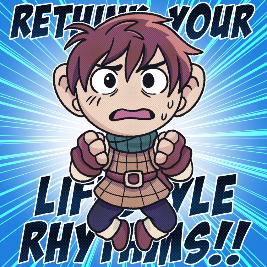 1boy armor belt black_pants blue_background boots brown_gloves brown_hair chibi chilchuck_tims commentary dungeon_meshi emphasis_lines english_commentary english_text fingerless_gloves full_body gloves green_scarf halfling highres jumping leather_armor long_sleeves looking_at_viewer male_focus mossystars pants redhead scarf shirt short_hair solo source_quote white_shirt