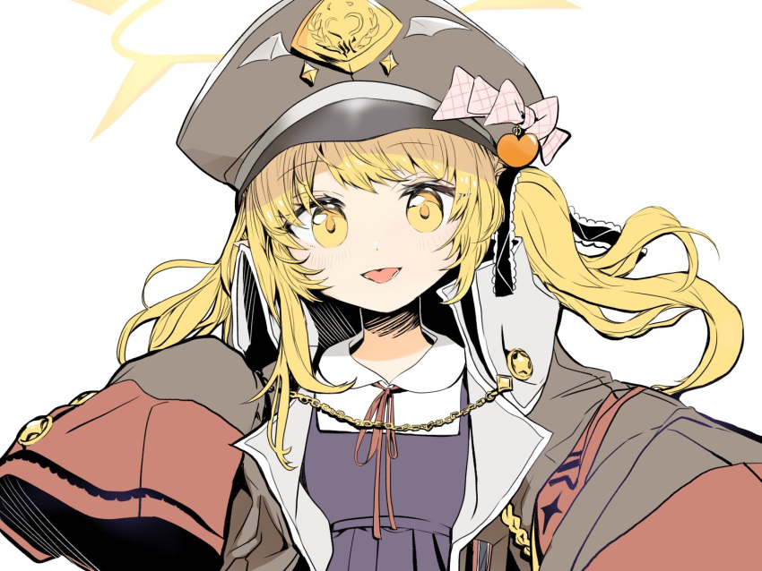 1girl black_coat black_headwear black_ribbon blonde_hair blue_archive blue_dress bow coat collared_shirt commentary dress hair_ribbon halo hat hat_bow highres ibuki_(blue_archive) long_hair long_sleeves military_hat neck_ribbon one_side_up open_mouth oversized_clothes peaked_cap pinafore_dress pink_bow pointy_ears red_ribbon ribbon shirt simple_background sleeveless sleeveless_dress sleeves_past_fingers sleeves_past_wrists solo straight-on tamuhei_(6nasiki) upper_body white_background white_shirt yellow_eyes yellow_halo