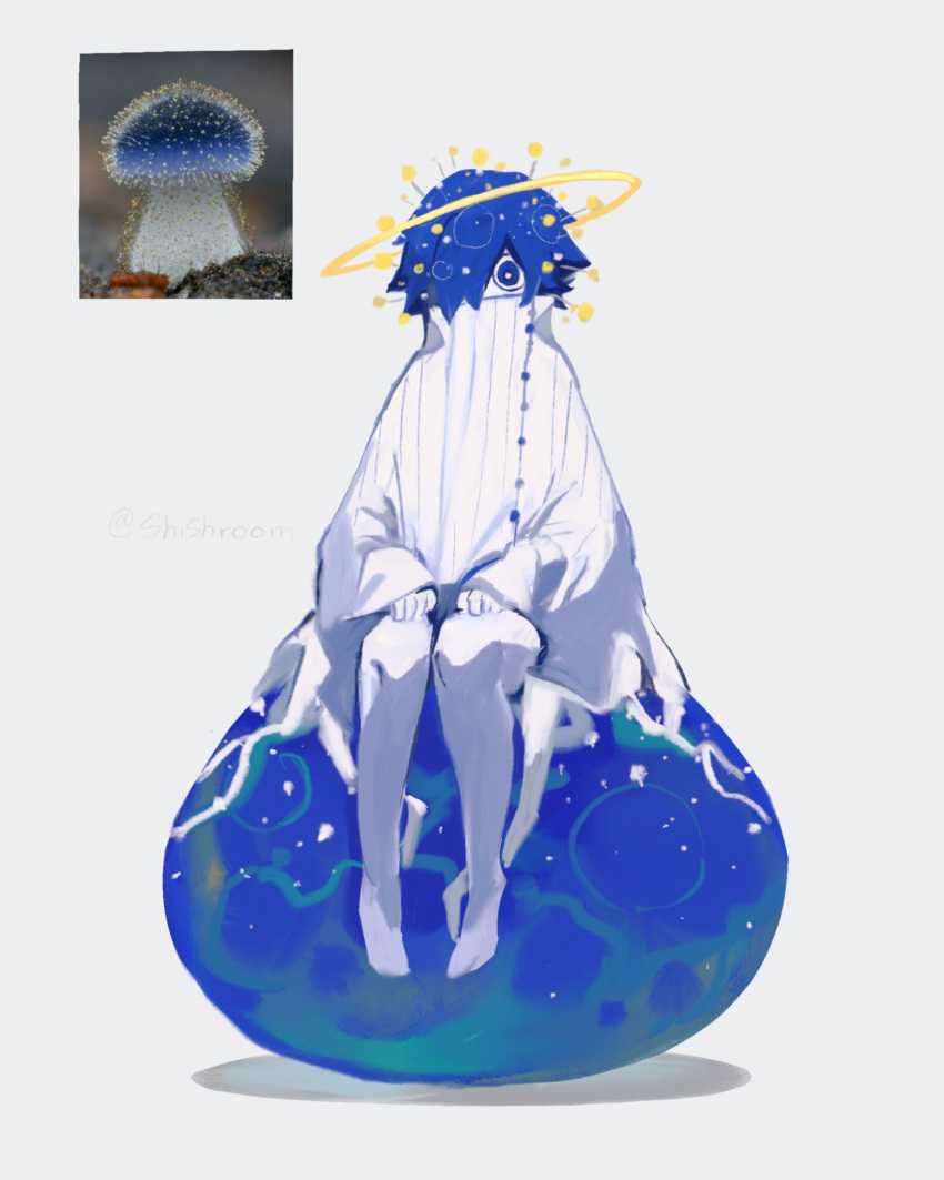 1other androgynous barefoot blue_eyes blue_hair blue_theme cloak covered_mouth hair_over_one_eye halo high_collar highres long_sleeves looking_at_viewer mushroom mushroom_girl one_eye_covered original personification photo_inset reference_inset shishroom short_hair simple_background sitting twitter_username white_background white_cloak wide_sleeves