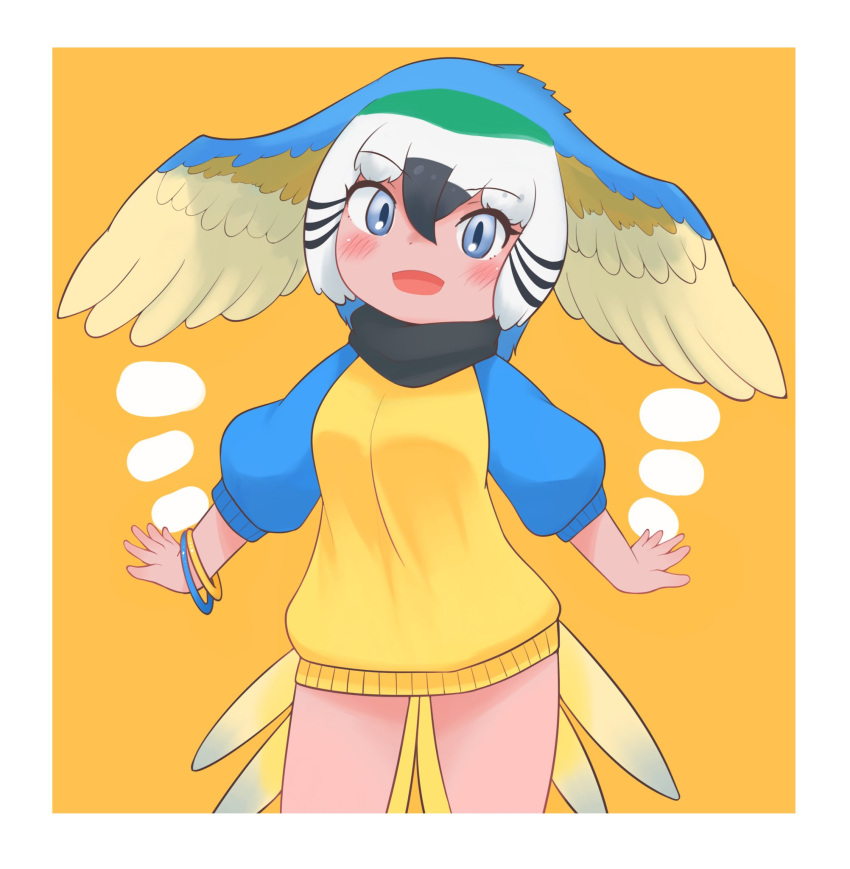 1girl bird_girl bird_tail bird_wings black_hair black_scarf blonde_hair blue-and-yellow_macaw_(kemono_friends) blue_eyes blue_hair blue_sweater blush bracelet cowboy_shot dress green_hair hair_between_eyes head_wings highres jewelry kemono_friends long_sleeves looking_at_viewer multicolored_hair nyctereutes open_mouth scarf short_hair sidelocks smile solo sweater sweater_dress tail two-tone_sweater white_hair wings yellow_sweater