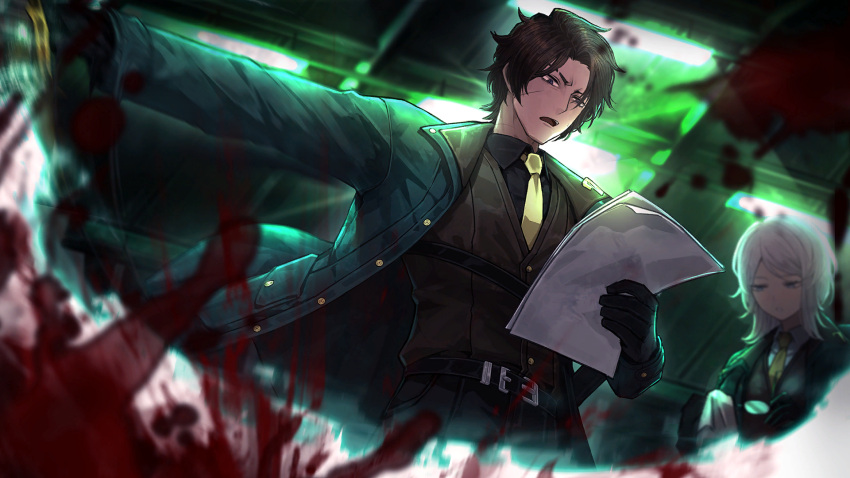 1boy 1girl belt black_gloves black_shirt blood blood_splatter brown_hair brown_vest cleaning_glasses coat collared_shirt dark-skinned_male dark_skin faust_(project_moon) game_cg glasses gloves green_coat green_theme heathcliff_(project_moon) highres holding holding_sword holding_weapon limbus_company medium_hair nai_ga necktie official_art open_clothes open_coat papers project_moon reading round_eyewear scar scar_on_face shirt short_hair solo_focus sword vest violet_eyes weapon yellow_necktie
