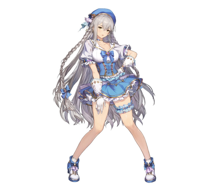 1girl beret blue_bow blue_bowtie blue_headwear bow bowtie braid breasts brown_dust_2 dress elbow_gloves frilled_dress frills full_body gem gloves granhildr_(brown_dust) grey_hair hair_between_eyes hand_on_own_hip hand_on_own_thigh hat idol jewelry large_breasts legs_apart long_bangs long_hair looking_at_viewer necklace official_art open_mouth second-party_source shirt simple_background solo thigh_scrunchie very_long_hair white_background white_footwear white_gloves white_shirt yellow_eyes