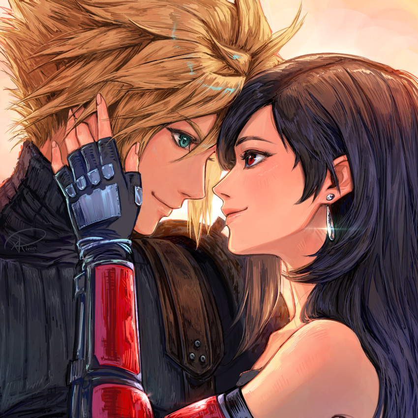 1boy 1girl absurdres armor bare_shoulders black_gloves black_hair blonde_hair blue_eyes bracelet closed_mouth cloud_strife commentary couple earrings elbow_gloves eye_contact final_fantasy final_fantasy_vii final_fantasy_vii_rebirth final_fantasy_vii_remake fingerless_gloves forehead-to-forehead from_side glint gloves hand_on_another's_face heads_together highres jewelry long_hair looking_at_another profile red_eyes shoulder_armor single_arm_guard single_earring sleeveless sleeveless_turtleneck smile spiky_hair sweater tifa_lockhart turtleneck turtleneck_sweater upper_body xriviia