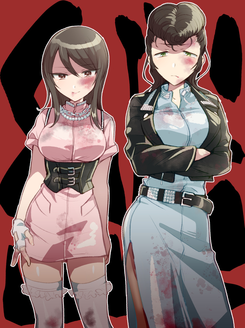 2girls absurdres alternate_costume bead_necklace beads belt black_belt black_jacket blood blood_on_clothes blood_on_face blue_dress brown_eyes brown_hair chain_necklace closed_mouth commentary crossed_arms delinquent dress fingerless_gloves frilled_thighhighs frills frown girls_und_panzer gloves green_eyes half-closed_eyes highres jacket jewelry koyama_harutarou leather leather_jacket long_hair long_sleeves looking_at_viewer majisuka_gakuen medium_dress mika_(girls_und_panzer) multiple_girls necklace no_headwear outline parody pink_dress pompadour red_background short_dress short_sleeves side-by-side side_slit smile standing studded_belt text_background thigh-highs underbust white_gloves white_outline white_thighhighs yuri_(girls_und_panzer)