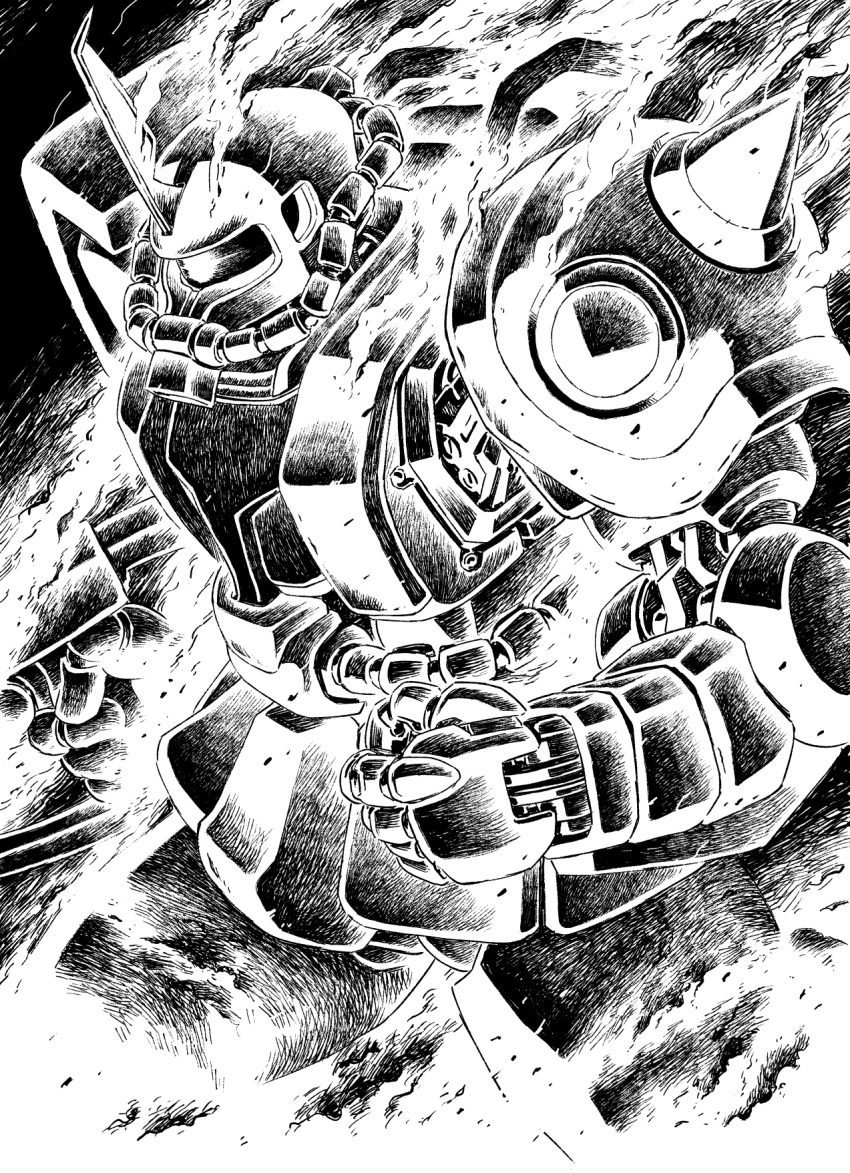 charging_forward clenched_hand commentary_request greyscale gun gundam highres holding holding_gun holding_weapon horns machinery mecha mobile_suit mobile_suit_gundam monochrome nakanishi_kent no_humans one-eyed robot science_fiction shoulder_spikes single_horn smoke solo spikes weapon zaku_ii_s_char_custom
