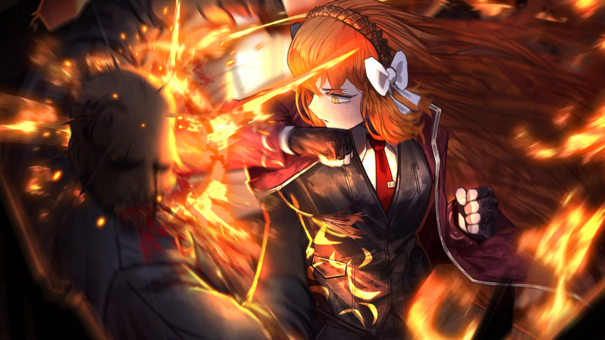 1boy 1girl bald black_gloves black_pants black_vest blood bow brown_hairband closed_mouth collared_shirt fighting fingerless_gloves freckles game_cg gloves hair_bow hairband highres ishmael_(project_moon) jacket limbus_company long_hair long_sleeves nai_ga necktie official_art orange_hair pants project_moon red_jacket red_necktie shirt spitting spitting_blood standing tie_clip very_long_hair vest white_bow white_shirt wing_collar yellow_eyes
