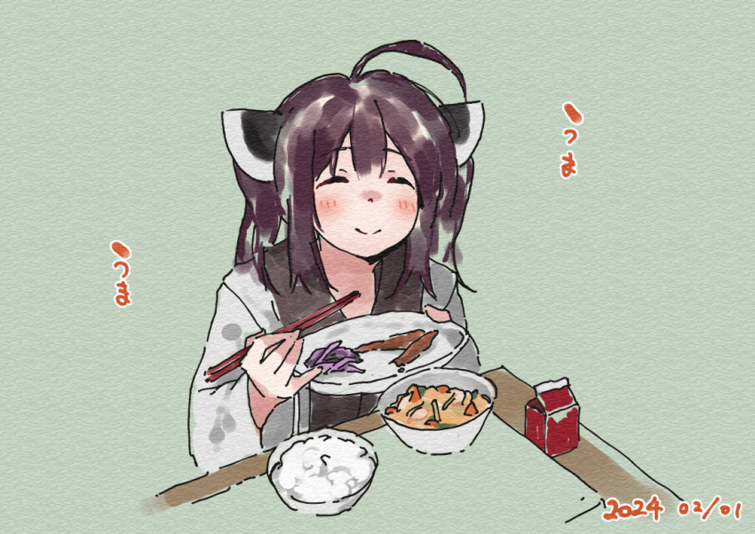 1girl ^_^ ahoge blush bowl brown_hair chopsticks closed_eyes closed_mouth dated facing_viewer food food_request green_background headgear holding holding_chopsticks holding_plate japanese_clothes kimono lamb_(hitsujiniku) long_sleeves obi plate rice sash simple_background solo touhoku_kiritan translation_request two_side_up upper_body voiceroid white_kimono wide_sleeves