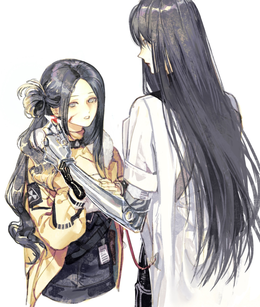 2girls acyantree black_choker black_hair black_shorts blood blood_on_face chinese_commentary choker coat commentary forehead fur-trimmed_coat fur_trim grey_eyes half_updo high-waist_shorts highres holding_another's_arm iron_(path_to_nowhere) lab_coat long_hair looking_at_another looking_at_viewer mechanical_arms multiple_girls napkin open_clothes open_coat pacassi_(path_to_nowhere) parted_bangs parted_lips path_to_nowhere prosthesis prosthetic_arm radiation_symbol red_lips shorts simple_background sleeves_rolled_up straight_hair upper_body white_background white_coat wiping_blood yellow_coat