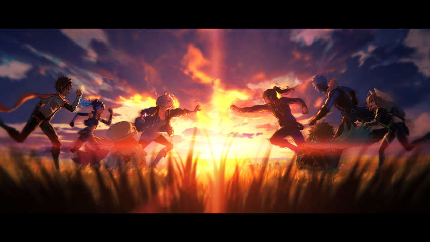 4boys 4girls absurdres ahoge animal_ears black_hair black_pantyhose blue_hair boots brown_hair camisole cat_ears chef_hat coat colored_skin crying dark-skinned_male dark_skin eunie_(xenoblade) fiery_hair fingerless_gloves gloves grass grey_hair grey_skin hakusai_(hksicabb) hat head_wings highres jacket lanz_(xenoblade) lens_flare letterboxed manana_(xenoblade) midriff mio_(xenoblade) multiple_boys multiple_girls noah_(xenoblade) nopon orange_scarf outdoors pants pantyhose ponytail reaching riku_(xenoblade) scarf sena_(xenoblade) shorts skirt sleeveless sleeveless_coat sunset taion_(xenoblade) wings xenoblade_chronicles_(series) xenoblade_chronicles_3