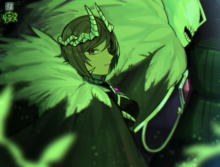 1girl artist_name bad_id bad_pixiv_id black_cape brooch brown_eyes brown_hair cape chromatic_aberration closed_mouth e.g.o_(project_moon) expressionless feather_trim green_theme hair_between_eyes highres horns jewelry limbus_company looking_at_viewer outis_(project_moon) plant project_moon short_hair solo tt_921780 upper_body vines