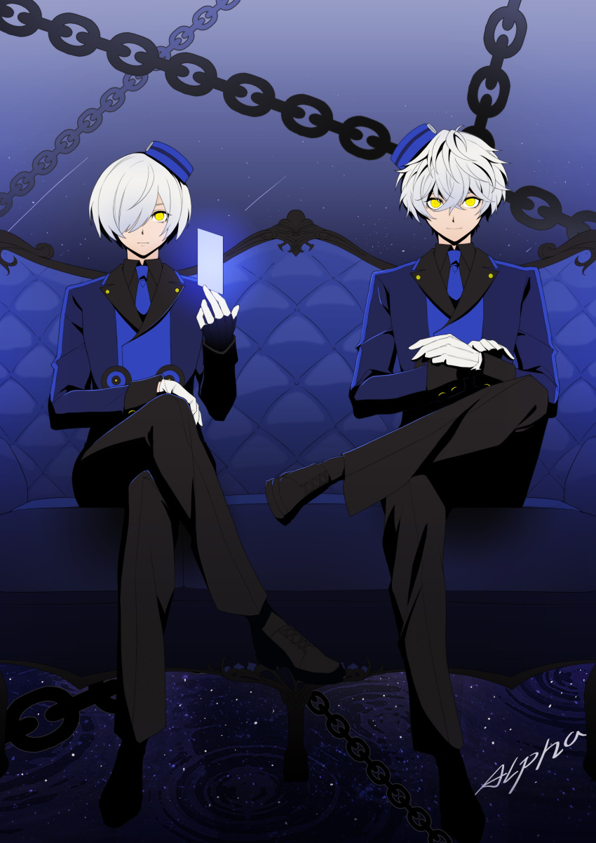 2boys absurdres alternate_costume alternate_eye_color alternate_hair_color amamiya_ren artist_name black_footwear black_pants black_shirt blue_headwear blue_jacket blue_necktie card chain closed_mouth collared_shirt couch crossed_arms crossed_legs expressionless full_body gloves hair_between_eyes hair_over_one_eye hand_on_own_knee hat highres holding holding_card jacket loafers long_sleeves looking_at_viewer male_focus messy_hair multiple_boys necktie night night_sky pants persona persona_3 persona_5 ripples shirt shoes shooting_star short_hair shuangjiangluyin signature sitting sky smile star_(sky) straight-on velvet_room white_gloves white_hair wing_collar yellow_eyes yuuki_makoto_(persona_3)
