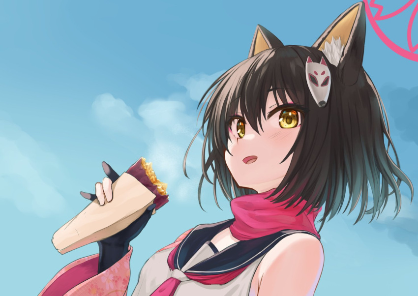 1girl akabane_hibame animal_ear_fluff animal_ears black_gloves black_hair blue_archive blue_sailor_collar blue_sky blush close-up commentary day eyelashes eyes_visible_through_hair floral_print food fox_ears fox_girl fox_mask gloves hair_between_eyes halo hand_up holding holding_food izuna_(blue_archive) looking_at_viewer mask mask_on_head medium_hair neckerchief open_mouth outdoors partially_fingerless_gloves pink_halo pink_neckerchief roasted_sweet_potato sailor_collar shirt sky sleeveless sleeveless_shirt smile solo sweet_potato white_shirt yellow_eyes