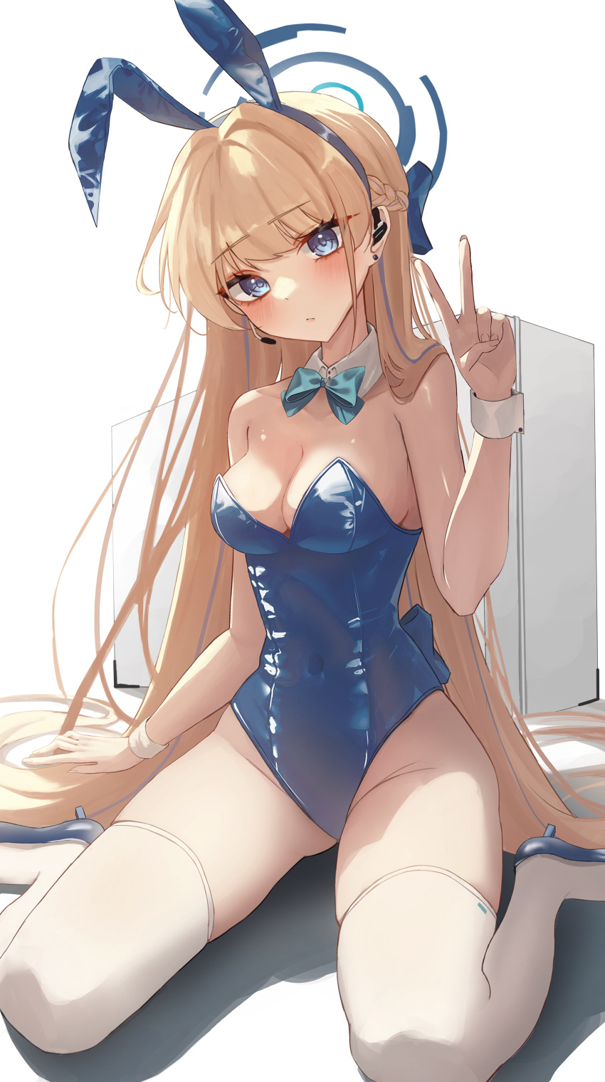 1girl absurdres animal_ears aqua_bow aqua_bowtie blue_archive blue_bow blue_bowtie blue_hairband blue_halo blue_leotard blush bow bowtie box breasts closed_mouth covered_navel detached_collar earpiece fake_animal_ears g_gonor hairband halo high_heels highleg highleg_leotard highres leotard long_hair looking_at_viewer navel playboy_bunny rabbit_ears simple_background sitting solo solo_focus strapless strapless_leotard thigh-highs toki_(blue_archive) toki_(bunny)_(blue_archive) v wariza white_background white_wrist_cuffs wrist_cuffs