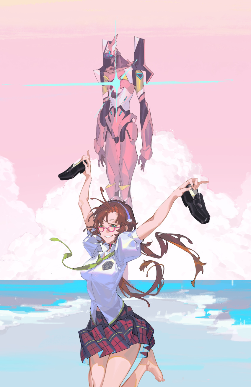 1girl absurdres bare_legs barefoot beach black_footwear breasts brown_hair check_copyright checkered_clothes checkered_skirt chinese_commentary clouds collared_shirt commentary copyright_request evangelion_(mecha) glasses green_eyes green_necktie hairband highres holding holding_shoes hole_on_body jumping knees_out_of_frame loafers low_twintails makinami_mari_illustrious mecha_request medium_breasts midair necktie neon_genesis_evangelion ocean pink-framed_eyewear pink_sky pink_theme pleated_skirt puffy_short_sleeves puffy_sleeves purple_hairband shirt shoes short_sleeves skirt sky smile solo_focus twintails uniform unworn_shoes waves white_shirt xe367