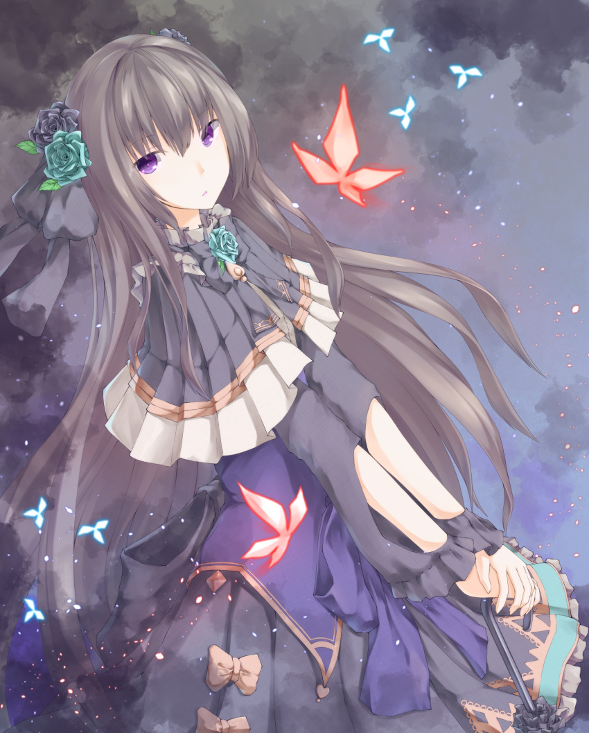 1girl arcaea arm_cutout bow brooch brown_hair capelet closed_umbrella commentary_request dress dress_bow flower flower_brooch frilled_capelet frills hair_flower hair_ornament highres holding holding_umbrella jewelry long_hair long_sleeves looking_to_the_side own_hands_together parted_lips rose sky solo star_(sky) starry_sky tairitsu_(arcaea) tairitsu_(grievous_lady)_(arcaea) umbrella very_long_hair violet_eyes yuki-san_(wdtm_yuki)