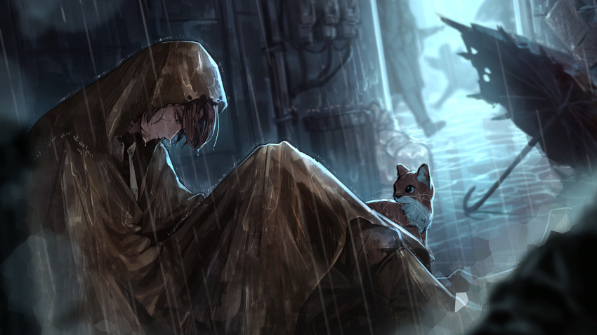 1boy 3others alley black_shirt brown_hair cat collared_shirt dark-skinned_male dark_skin e.g.o_(project_moon) game_cg heathcliff_(project_moon) highres hunched_over limbus_company multiple_others nai_ga necktie official_art orange_fur project_moon rain raincoat shirt short_hair sitting solo_focus trash_bag trash_can umbrella violet_eyes