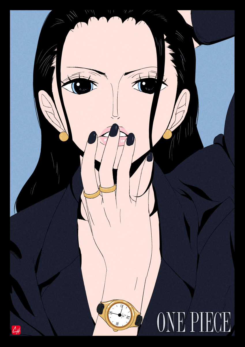 1girl absurdres arm_behind_head black_border black_nails black_shirt blue_border blue_eyes border chris_re5 close-up copyright_name earrings english_commentary hair_slicked_back highres jewelry looking_at_viewer loose_hair_strand nico_robin one_piece pink_lips ring shirt watch watch
