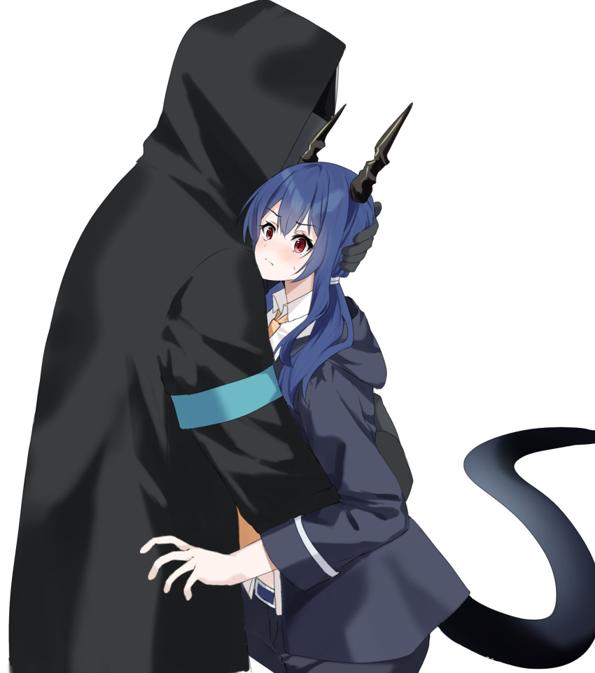 1boy 1girl arknights black_jacket black_shorts blue_hair blush ch'en_(arknights) closed_mouth doctor_(arknights) dragon_girl dragon_horns dragon_tail hair_between_eyes highres hood hooded_jacket horns hug jacket lily0428 long_hair midriff_peek necktie red_eyes shirt short_shorts shorts size_difference slit_pupils surprised tail wavy_mouth white_shirt yellow_necktie