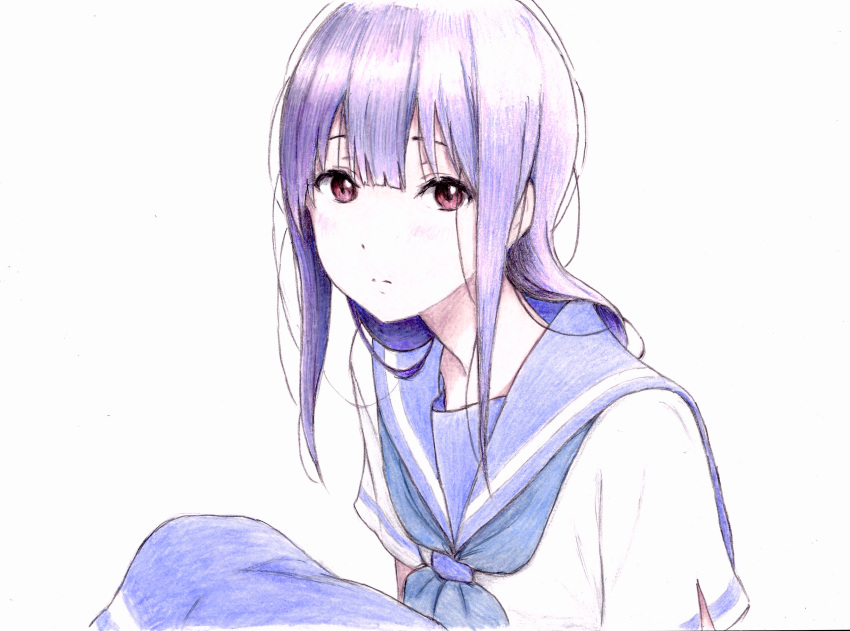 1girl absurdres arms_at_sides bbmasa close-up closed_mouth colored_pencil_(medium) expressionless hibike!_euphonium highres knees_up liz_to_aoi_tori long_hair looking_at_viewer purple_hair purple_sailor_collar purple_skirt red_eyes sailor_collar school_uniform serafuku short_sleeves sidelocks simple_background skirt solo traditional_media upper_body white_background white_serafuku yoroizuka_mizore