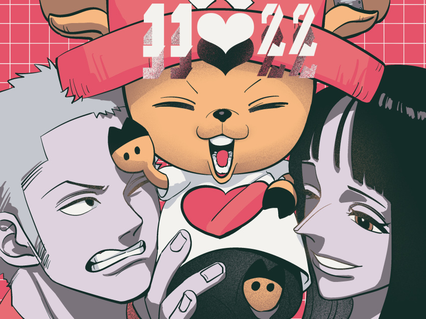 1girl 2boys animal_ears black_eyes blunt_bangs brown_eyes clenched_teeth closed_eyes commentary_request dated deer_ears hat heart highres hisarakanoi hooves long_hair multiple_boys nico_robin one_eye_closed one_piece open_mouth pink_headwear roronoa_zoro shirt short_hair short_sleeves smile teeth tony_tony_chopper