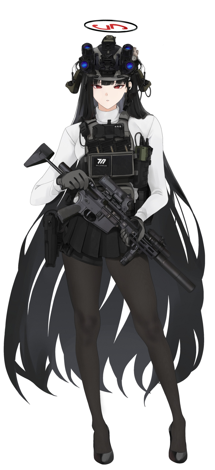 1girl absurdres black_footwear black_gloves black_hair black_pantyhose black_skirt blue_archive breasts fte_(fifteen_199) full_body gloves gun halo helmet highres holding holding_gun holding_weapon large_breasts long_hair long_sleeves looking_at_viewer open_mouth pantyhose pleated_skirt red_eyes rio_(blue_archive) shoes simple_background skirt solo sweater very_long_hair weapon white_background white_sweater