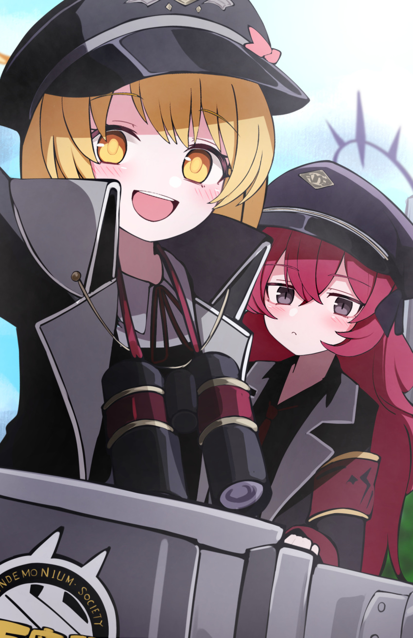 2girls armband black_coat black_headwear blonde_hair blue_archive blush closed_mouth coat grey_eyes hat highres ibuki_(blue_archive) iroha_(blue_archive) long_hair multiple_girls open_mouth peaked_cap pointy_ears red_armband redhead side_ponytail smile yellow_eyes yun_(kbdenz9)
