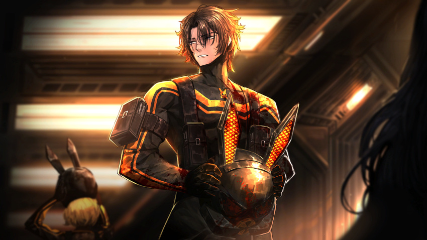 1boy 2others animal_ears arm_pouch black_bodysuit black_gloves blonde_hair blood blood_on_clothes bodysuit brown_hair ceiling_light dark-skinned_male dark_skin game_cg gas_mask gloves heathcliff_(project_moon) helmet highres limbus_company mask multiple_others nai_ga official_art pouch project_moon rabbit_ears scar scar_on_face short_hair solo_focus sweat sweatdrop violet_eyes