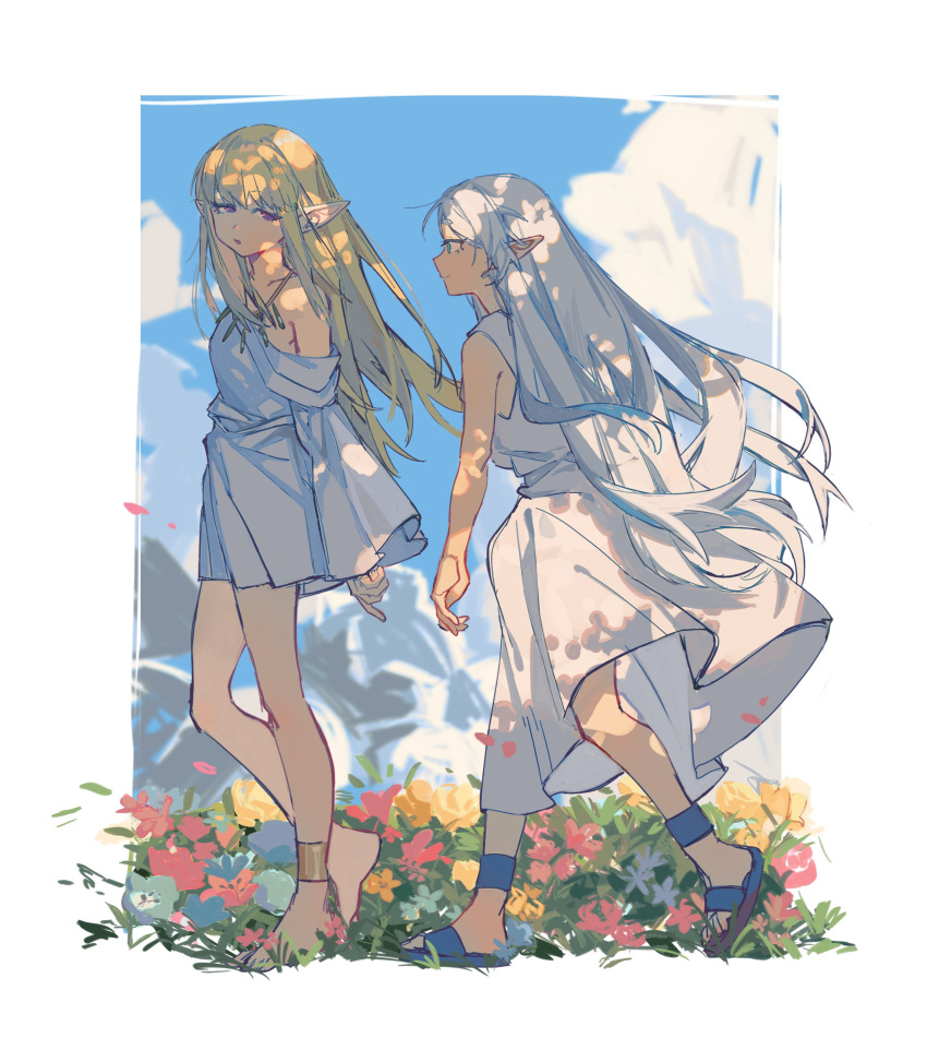 2girls absurdres anklet bare_arms bare_shoulders barefoot blonde_hair blue_eyes blue_sky closed_mouth dappled_sunlight day dress elf field flip-flops floating_clothes floating_hair flower flower_field frieren from_side full_body hair_over_shoulder hashtag_only_commentary highres jewelry kurattes long_hair long_sleeves looking_at_another looking_at_viewer looking_to_the_side multiple_girls nature off_shoulder outside_border parted_lips pointy_ears profile red_flower sandals serie_(sousou_no_frieren) short_dress sky sleeveless sleeveless_dress smile sousou_no_frieren sunlight very_long_hair violet_eyes walking white_dress white_hair wide_sleeves wind yellow_flower