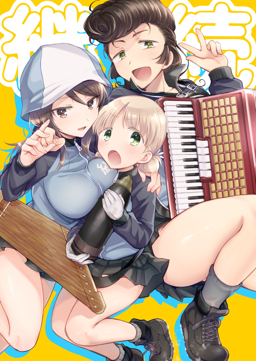 3girls absurdres accordion aki_(girls_und_panzer) ankle_boots arm_around_shoulder bandeau black_footwear black_skirt blue_headwear blue_jacket boots brown_eyes brown_hair commentary floating frown girls_und_panzer gloves green_eyes grey_socks hair_tie hat highres holding holding_instrument instrument jacket kantele keizoku_military_uniform knee_up koyama_harutarou legs_up light_brown_hair long_hair long_sleeves looking_at_viewer low_twintails mika_(girls_und_panzer) military_uniform miniskirt multiple_girls open_mouth pleated_skirt pompadour raglan_sleeves short_hair short_twintails silhouette skirt smile socks tank_shell text_background track_jacket tulip_hat twintails uniform white_gloves yellow_bandeau yuri_(girls_und_panzer)