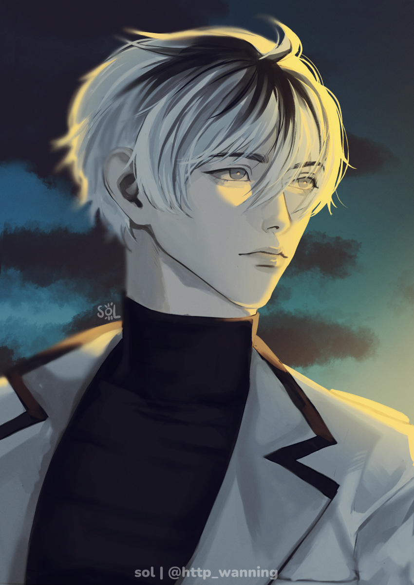 1boy absurdres artist_name black_hair black_shirt closed_mouth clouds grey_hair hair_between_eyes highres jacket looking_to_the_side male_focus open_clothes open_jacket sasaki_haise shirt short_hair sol_(http_wanning) solo tokyo_ghoul tokyo_ghoul:re