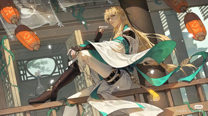 1boy architecture black_footwear black_gloves blonde_hair closed_mouth east_asian_architecture fingerless_gloves floating_clothes gloves green_eyes hair_between_eyes highres holding honkai:_star_rail honkai_(series) jewelry kkknnnn long_hair long_sleeves looking_at_viewer luocha_(honkai:_star_rail) necklace pants sitting solo thigh_strap three_quarter_view unworn_jewelry unworn_necklace white_pants