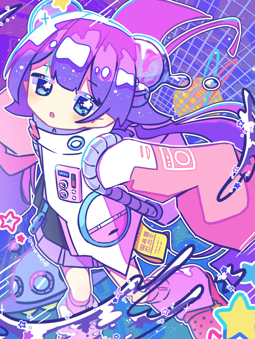 1girl absurdres backpack bag blue_eyes blush crocs double_bun hair_bun highres jitome leg_warmers long_hair long_sleeves open_mouth original outline planet planetary_ring pleated_skirt purple_hair skirt sleeves_past_fingers sleeves_past_wrists solo star-shaped_pupils star_(symbol) symbol-shaped_pupils tag ufo usa_motou very_long_hair water_drop white_outline
