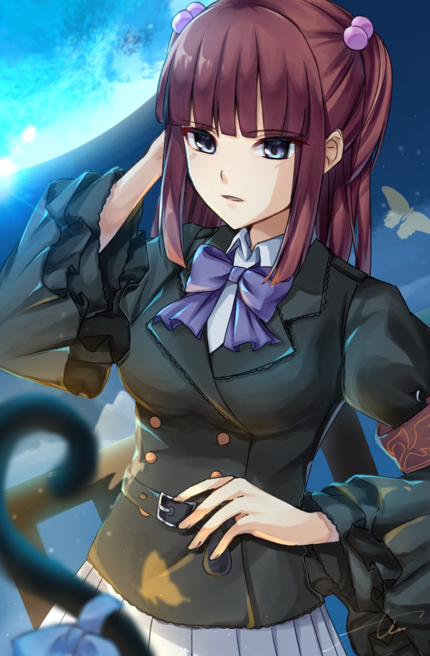 2girls armband belt blue_eyes blunt_bangs blunt_ends blurry blurry_foreground bow breasts bug butterfly buttons cat_tail collared_shirt double-breasted frederica_bernkastel frilled_sleeves frills full_moon hair_bobbles hair_ornament hand_on_own_hip highres ice_cream_(aisu_aisu_9898) jacket long_hair medium_breasts moon multiple_girls night night_sky open_mouth outdoors pleated_skirt redhead ribbon shirt sidelocks signature skirt sky solo_focus tail tail_bow tail_ornament two_side_up umineko_no_naku_koro_ni ushiromiya_ange white_shirt white_skirt yellow_butterfly