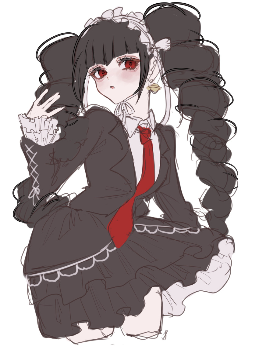 1girl :o absurdres black_hair black_jacket black_skirt celestia_ludenberg cropped_legs danganronpa:_trigger_happy_havoc danganronpa_(series) drill_hair earrings gothic_lolita grey_background hand_up headdress highres jacket jewelry layered_skirt lolita_fashion long_hair looking_at_viewer mi_loveyouuu necktie open_clothes open_jacket pleated_skirt red_necktie simple_background skirt solo twin_drills twintails