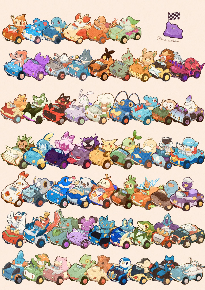 :3 antennae artist_name beak bird black_eyes blue_hair blue_skin brown_eyes bug bulbasaur car cat charmander checkered_flag chespin chikorita chimchar chinchou closed_mouth clouds colored_skin commentary crocodilian cross-shaped_pupils crown curled_horns cyndaquil ditto drifloon driving duck entei fangs feathered_wings fennekin fins fire fish flag flower fluffy fox freckles frigibax froakie frog fuecoco gastly green_fur green_hair grookey head_fins highres ho-oh holding holding_flag horns larvitar lilligant litten litwick lugia magnemite marill monkey motor_vehicle mudkip munchlax no_humans one-eyed one_eye_closed open_mouth orange_fur oshawott owl pawmi penguin pig pikachu pink_skin piplup pokemon pokemon_(creature) popplio psyduck purple_fire quagsire quaxly rabbit race_vehicle racecar raikou red_eyes riolu rotom rotom_(normal) rowlet scorbunny sea_lion shinx simple_background sliggoo slime_(substance) slowpoke slug smile snivy snout snubbull sobble solid_oval_eyes sprigatito squirtle suicune swablu symbol-only_commentary symbol-shaped_pupils tatsugiri tatsugiri_(curly) teeth tepig thumbs_up tinkaton torchic totodile treecko turtwig twitter_username tynamo venipede vulpix whimsicott white_background white_fur white_skin wings yellow_eyes yellow_skin zozozoshion
