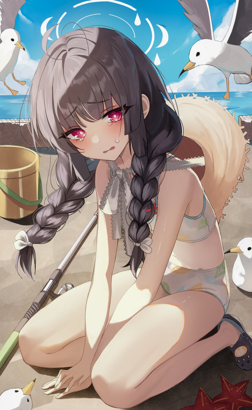 1girl absurdres ahoge bikini bird black_hair blue_archive blush braid bucket clouds crocs crying crying_with_eyes_open fishing_rod flat_chest g_gonor halo hat hat_on_back highres leaf_print long_hair looking_at_viewer miyu_(blue_archive) miyu_(swimsuit)_(blue_archive) ocean official_alternate_costume on_floor open_mouth print_bikini red_eyes seagull solo solo_focus starfish straw_hat swimsuit tears twin_braids white_bikini white_halo