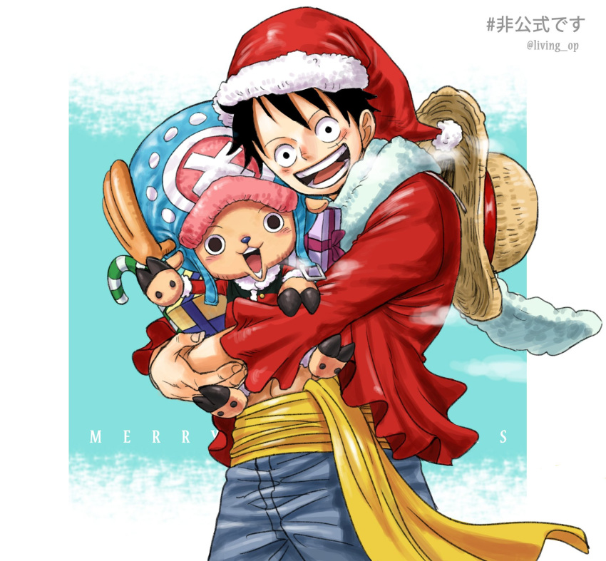 2boys blue_shorts candy carrying commentary cowboy_shot food frilled_shirt frills gift hat highres living_(pixiv5031111) looking_at_viewer merry_christmas monkey_d._luffy multiple_boys one_piece red_shirt santa_hat sash scar scar_on_face scarf shirt shorts smile smoke snow straw_hat tony_tony_chopper yellow_sash