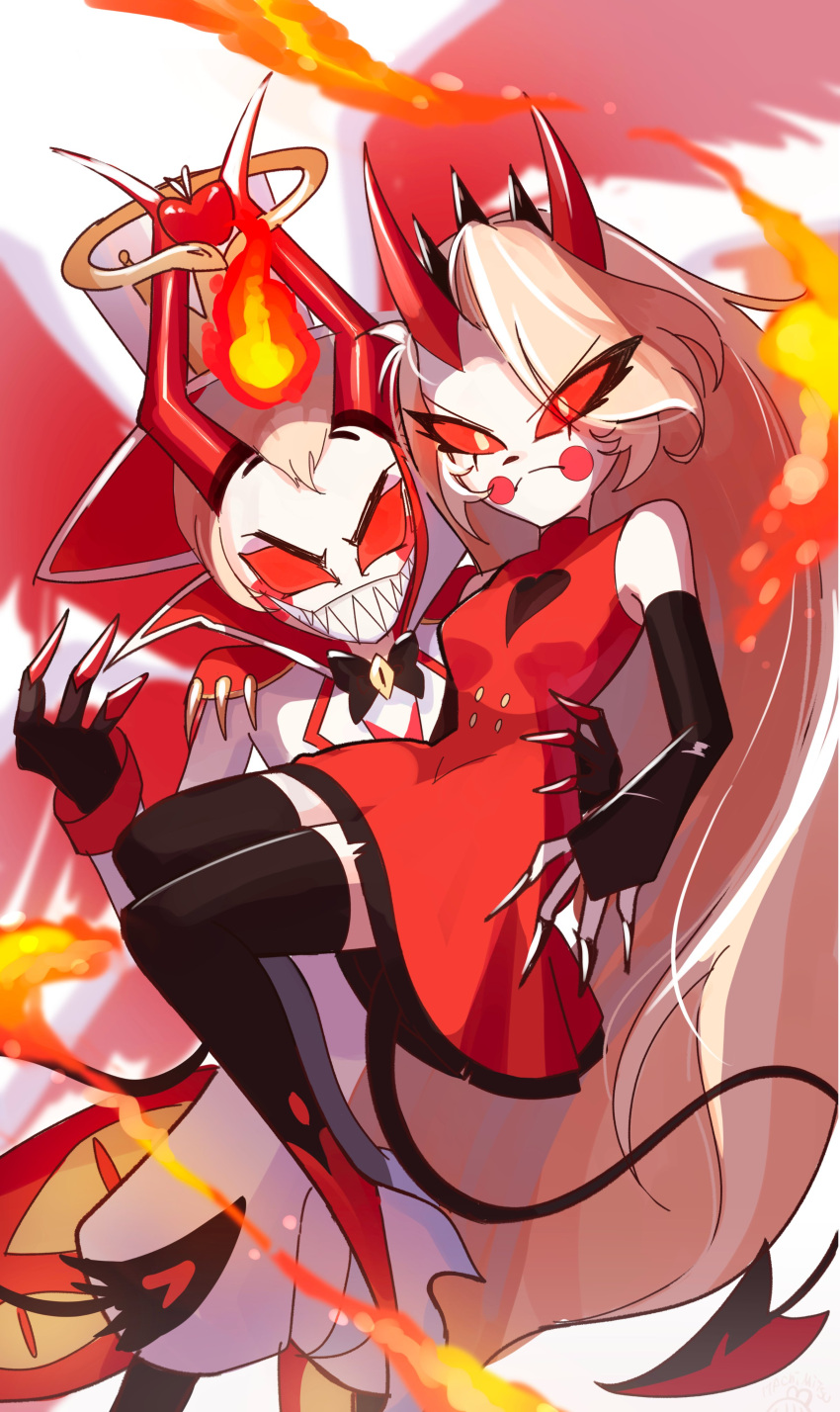 1boy 1girl absurdres apple black_tiara blonde_hair charlie_morningstar colored_sclera colored_skin demon demon_boy demon_girl demon_horns demon_tail dress evil_smile father_and_daughter fingernails fire food fruit hachi_3tsusan hazbin_hotel highres horns long_hair looking_at_viewer lucifer_(hazbin_hotel) multiple_wings red_dress red_horns red_sclera sharp_fingernails sharp_teeth smile tail teeth thigh-highs tiara very_long_hair white_skin wings