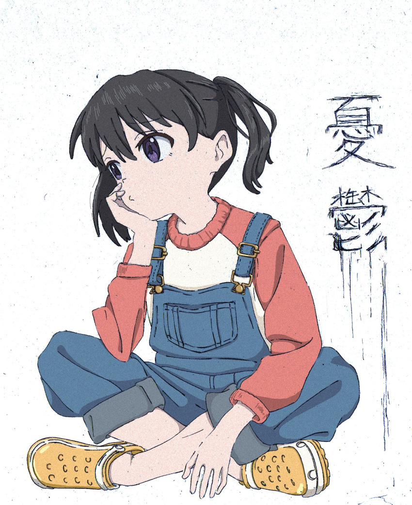 1girl awoi_(awoiro7) black_hair blue_overalls commentary_request crocs denim_overalls full_body furrowed_brow hand_on_own_chin highres indian_style kuraue_hinata long_sleeves looking_to_the_side no_socks overalls pants pants_rolled_up pout raglan_sleeves raised_eyebrows red_sleeves short_twintails sitting solo sweater translation_request twintails violet_eyes white_background white_sweater yama_no_susume