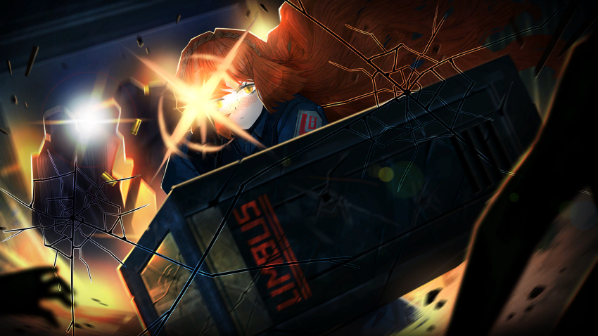 1girl 4others black_vest blue_shirt brown_hairband crack cracked_glass firing firing_at_viewer freckles game_cg hairband highres holding holding_shield ishmael_(project_moon) limbus_company long_hair looking_at_viewer multiple_others nai_ga official_art orange_hair project_moon shell_casing shield shirt very_long_hair vest yellow_eyes