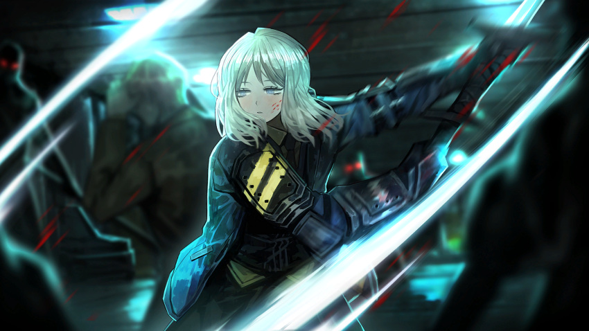 1girl 3others black_necktie black_pants black_vest blood blood_on_face blue_eyes blue_jacket faust_(project_moon) game_cg highres holding holding_sword holding_weapon indoors jacket limbus_company medium_hair multiple_others nai_ga necktie official_art pants parted_lips project_moon shirt slashing solo_focus standing sword vest weapon white_hair yellow_shirt zweihander