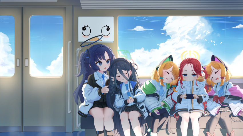 &lt;key&gt;_(robot)_(blue_archive) 5girls absurdly_long_hair absurdres animal_ear_headphones animal_ears aris_(blue_archive) black_halo black_jacket black_skirt black_thighhighs blonde_hair blue_archive blue_bow blue_eyes blue_necktie blue_sky blush bow braid cat_ear_headphones cat_ears cat_tail closed_eyes closed_mouth clouds collared_shirt commentary daraamji2 day fake_animal_ears fake_tail feet_out_of_frame french_braid game_development_department_(blue_archive) green_halo hair_between_eyes hair_bow halo handheld_game_console headphones highres holding holding_handheld_game_console jacket long_hair long_sleeves low-tied_sidelocks mechanical_halo midori_(blue_archive) miniskirt momoi_(blue_archive) multiple_girls necktie nintendo_switch one_side_up open_mouth peroro_(blue_archive) pleated_skirt puffy_long_sleeves puffy_sleeves purple_hair red_bow redhead revision shirt short_hair short_necktie sitting skirt sky sleeping smile square_halo suit_jacket suspender_skirt suspenders tail thigh-highs train_interior two_side_up very_long_hair white_bow white_jacket white_shirt wide_sleeves yellow_halo yuuka_(blue_archive) yuzu_(blue_archive)