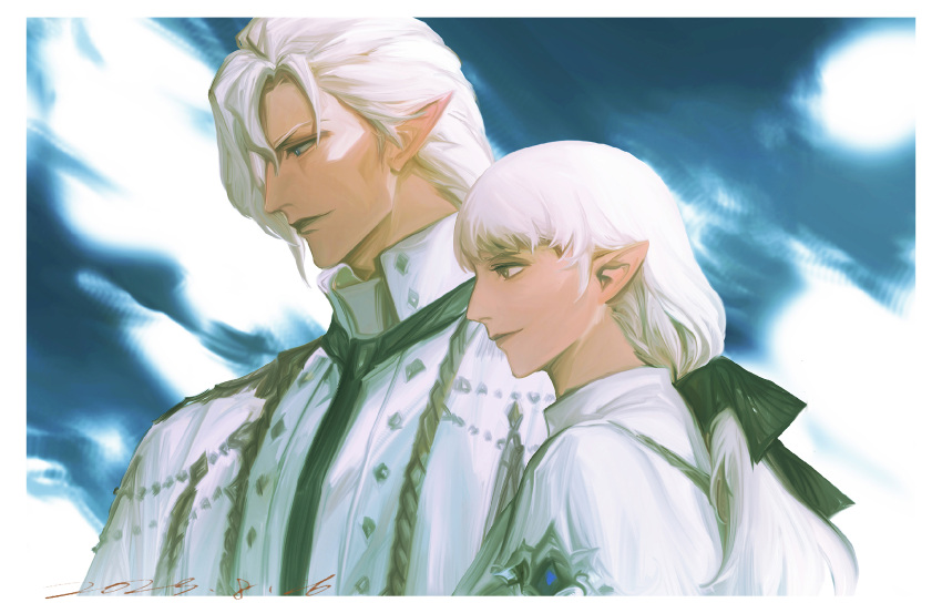 1boy 1girl ameliance_leveilleur black_necktie blue_background blue_eyes border brown_eyes collared_robe commentary dated elezen elf final_fantasy final_fantasy_xiv fourchenault_leveilleur from_side hair_ribbon highres husband_and_wife long_hair looking_ahead low-tied_long_hair necktie pointy_ears profile ribbon robe shawnstaw smile swept_bangs symbol-only_commentary upper_body white_border white_hair white_robe
