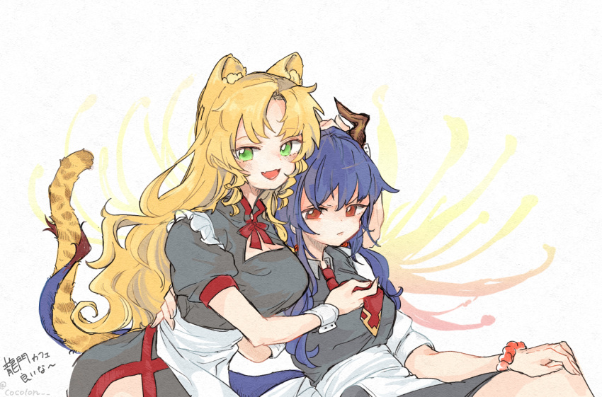 2girls :3 alternate_costume animal_ear_fluff animal_ears apron arknights arm_around_waist bead_bracelet beads black_dress blonde_hair blush bracelet breasts cleavage_cutout clothing_cutout dragon_girl dragon_horns dragon_tail dress drill_hair drill_sidelocks enmaided fang floral_background green_eyes hand_on_another's_head horns intertwined_tails jewelry leaning_on_person long_hair maid maid_apron mishima_coco multiple_girls necktie necktie_grab neckwear_grab open_mouth parted_bangs short_sleeves side_slit sidelocks sitting skin_fang tail tiger_ears tiger_girl tiger_tail twitter_username wrist_cuffs yuri