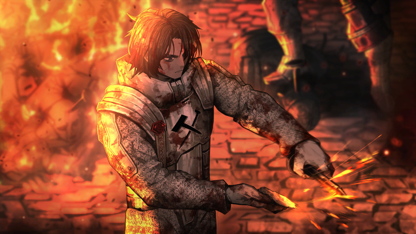 1boy 1other armor armored_boots blood blood_on_clothes blood_on_face boots brown_hair corpse fire game_cg gloves hammer heathcliff_(project_moon) highres impaled limbus_company nai_ga nail official_art pile_of_corpses project_moon scar scar_on_face sharpening short_hair solo_focus sparks violet_eyes wax_seal
