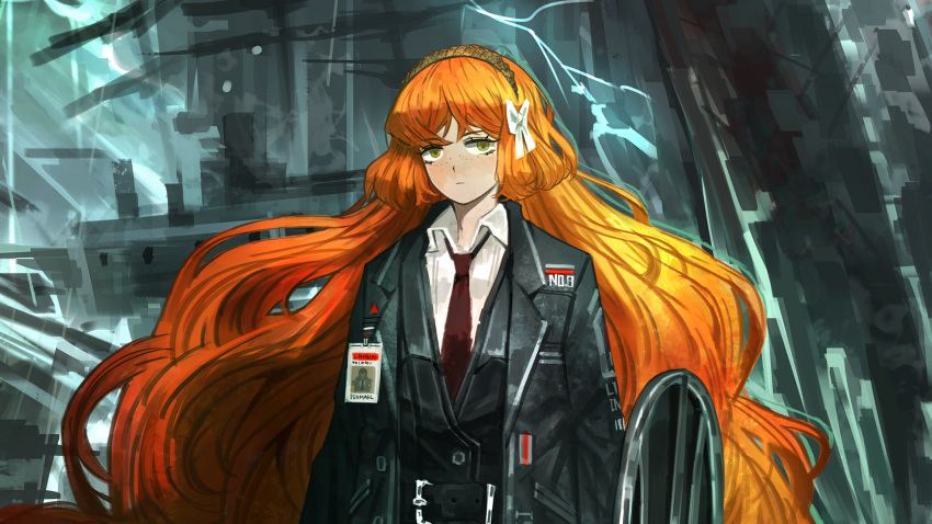 1girl belt black_belt black_jacket black_vest bow brown_hairband closed_mouth collared_shirt freckles game_cg green_eyes hair_bow hairband highres holding holding_shield id_card ishmael_(project_moon) jacket lapels limbus_company long_hair looking_at_viewer nai_ga necktie notched_lapels official_art open_clothes open_jacket orange_hair project_moon red_necktie shield shirt solo standing very_long_hair vest white_bow white_shirt wing_collar