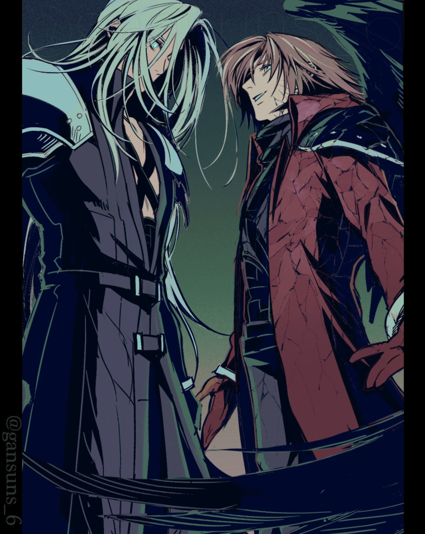 2boys armor belt brown_hair chest_strap coat commentary_request crisis_core_final_fantasy_vii final_fantasy final_fantasy_vii genesis_rhapsodos gloves glowing glowing_eyes grey_hair highres holding jacket long_coat long_hair male_focus multiple_belts multiple_boys pants pauldrons red_coat red_jacket roku_(gansuns) sephiroth shirt short_hair shoulder_armor simple_background single_wing smile turtleneck turtleneck_shirt wings