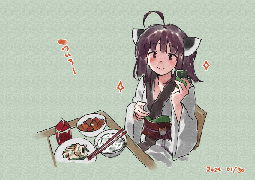 1girl ahoge blush bowl brown_eyes brown_hair chair chopsticks closed_mouth dated food food_request green_background headgear holding japanese_clothes kimono lamb_(hitsujiniku) long_sleeves looking_at_viewer obi on_chair plate sash simple_background smile solo sparkle table touhoku_kiritan translation_request two_side_up upper_body voiceroid white_kimono wide_sleeves